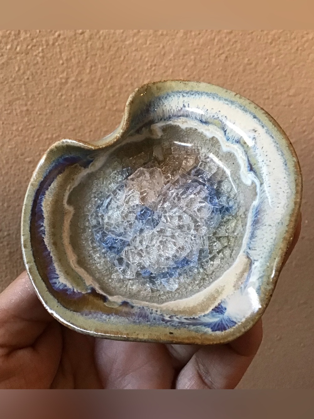 Heart Shaped Fused Crackle Glass Ashtray Trinket Dish